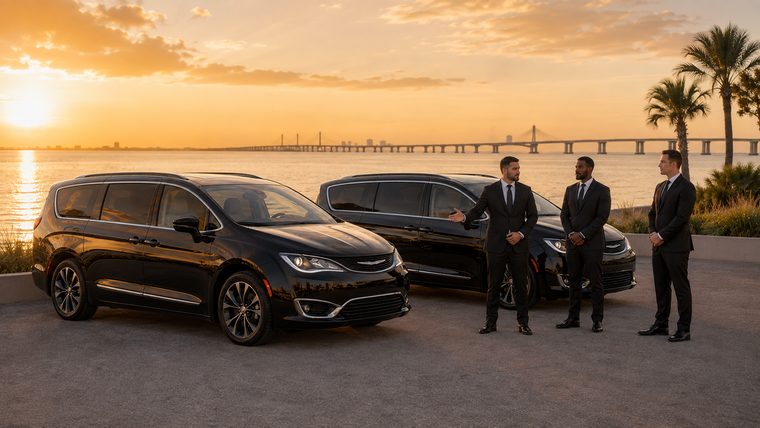 Bay to Bay mortuary transport vans and staff on the Tampa Bay waterfront at sunset